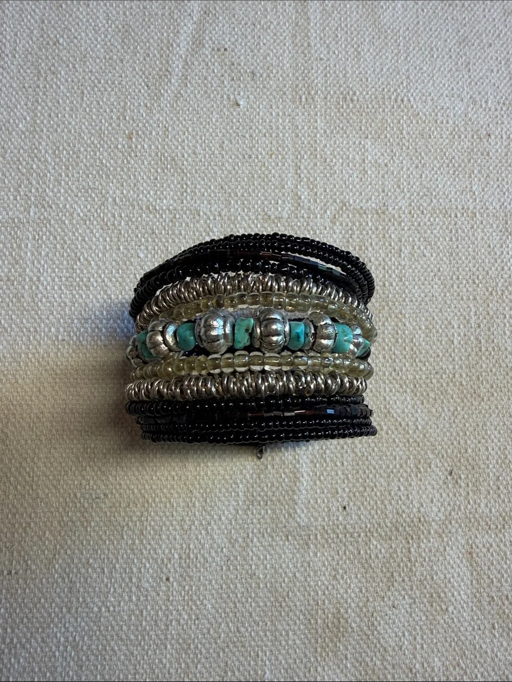Turquoise and Silver Beaded Multi-Row Stretch Bracelet